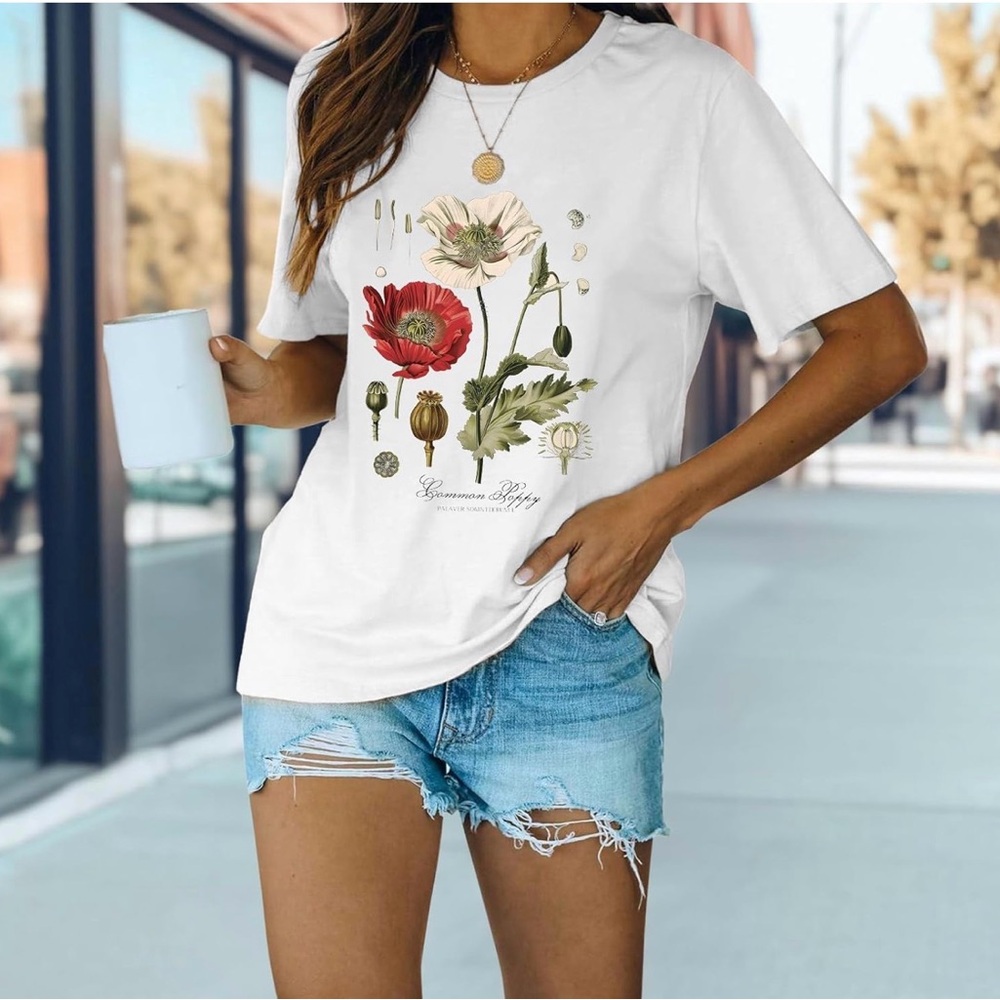Women's White Short-Sleeve Floral Graphic Tee - Red & Cream Poppy